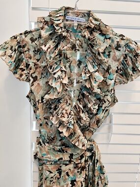 ANTONIO MELANI Beige, Green & Brown Ruffled Wrap Top